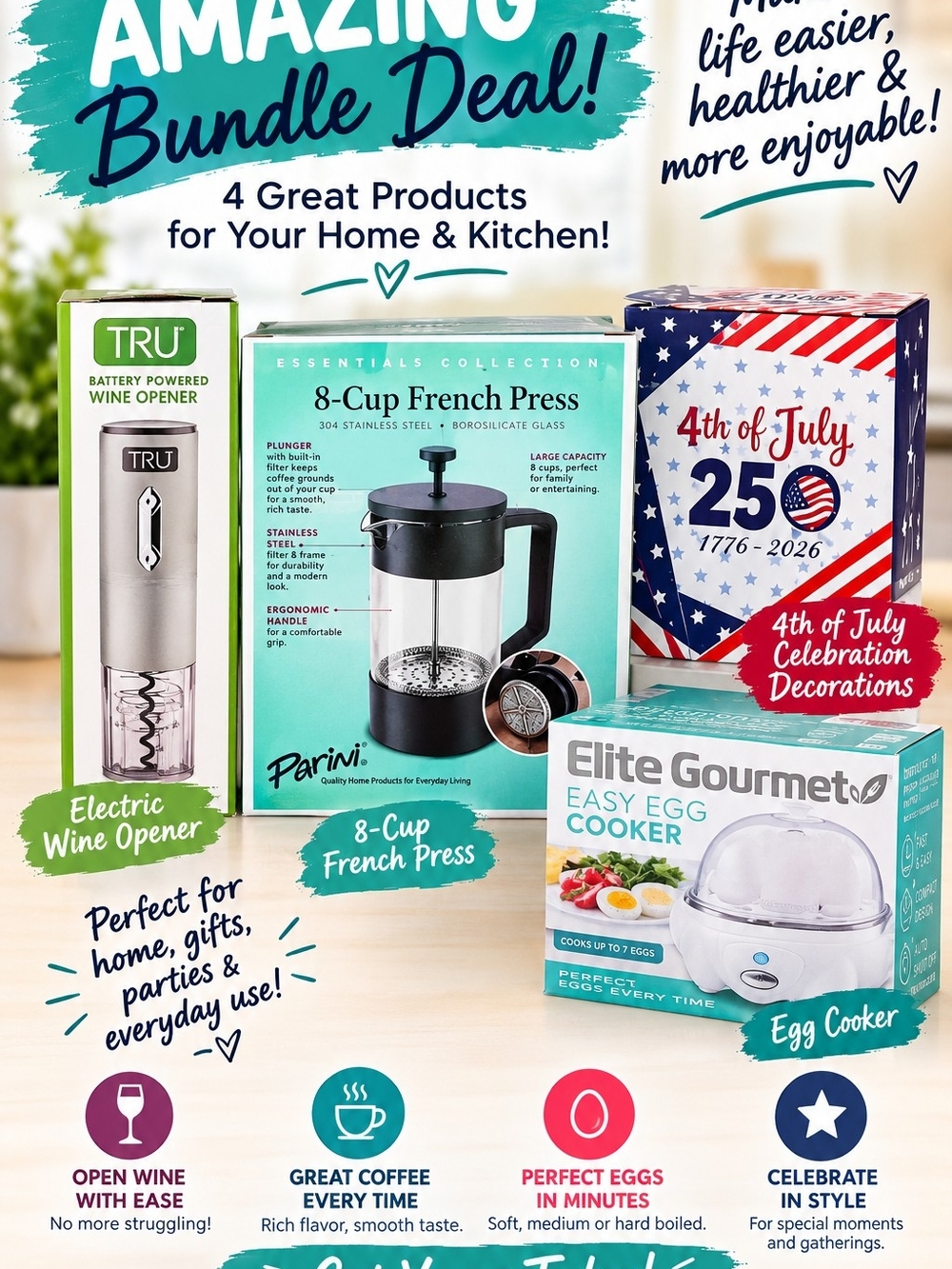 Electric Wine Opener & Parini 8-Cup French Press Bundle - Silver & Black